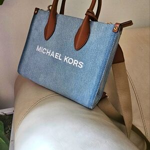 Michael Kors Mirella Medium Tote Shoulder Handbag Purse Denim Multi Blue MK